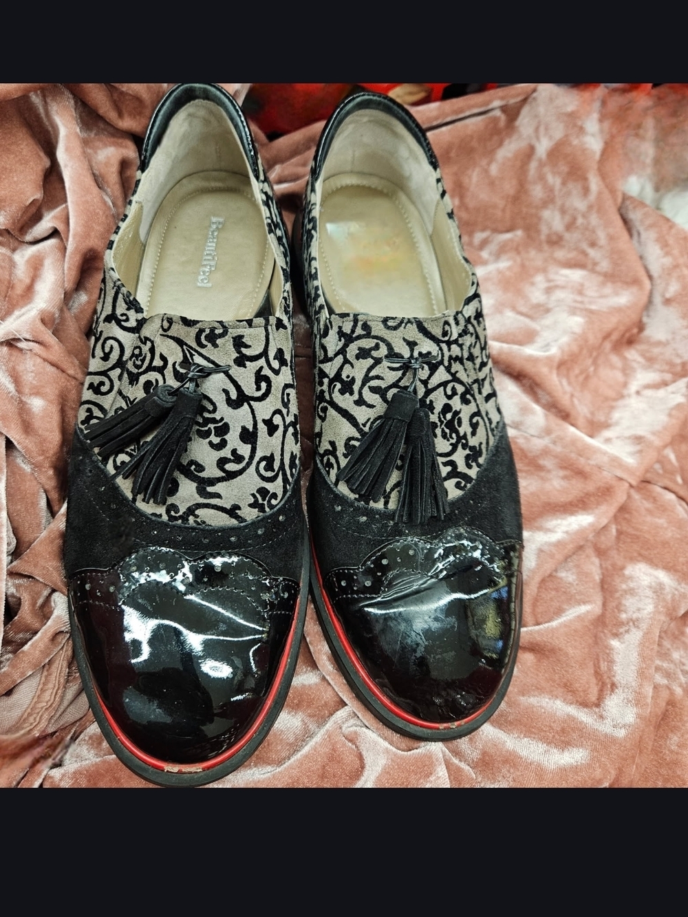BeautiFeel Black Patent and Cream Patterned Tassel Loafers with Red Sole Accent